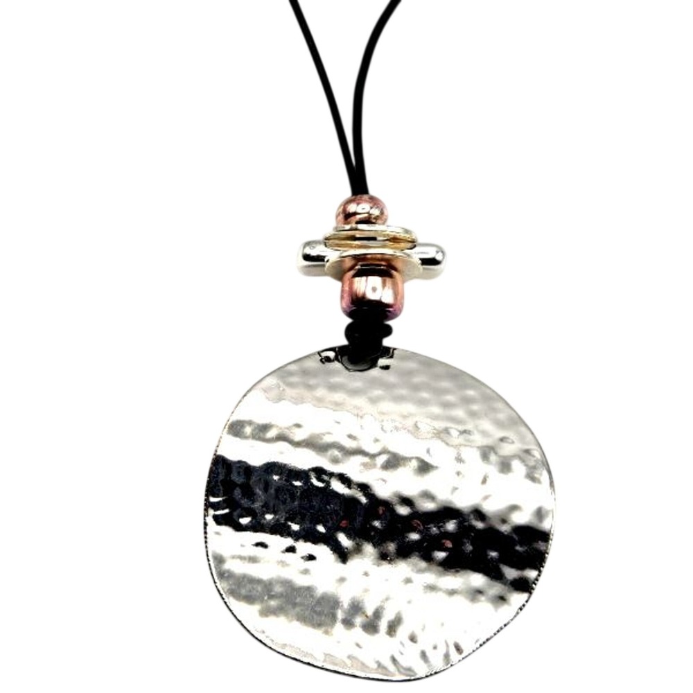 Large Silvertone Hammered Disc on 32" Black Cord Necklace with 2-Tone Accents